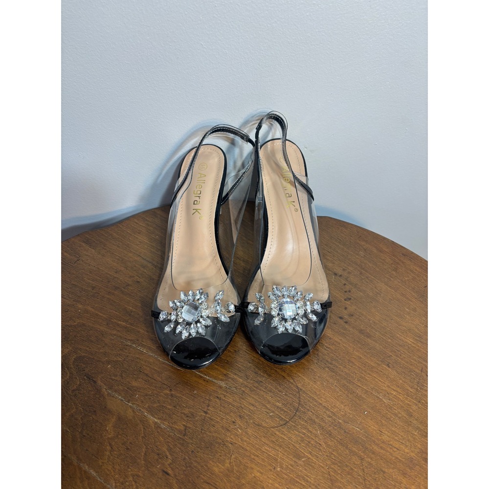 Allegra K Women's Crystal Embellished Clear Slingback Wedge Heels Size‎ 9.5